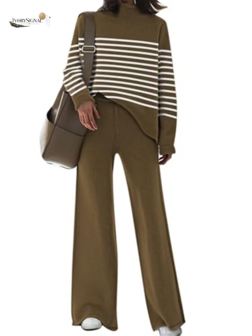 2 Piece Knitted Sweatsuit Turtleneck Long Sleeve Top Wide Leg Pants Set